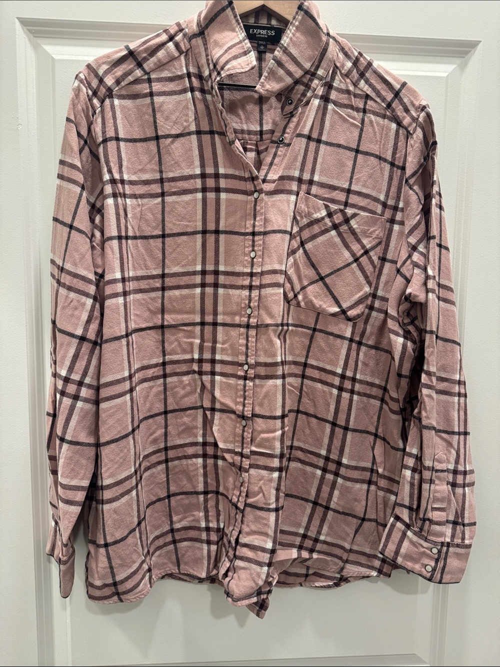 Express Boyfriend Plaid Button-Up in Mauve and Cream